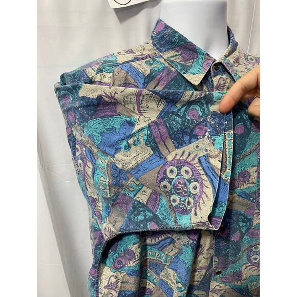 Permit Brand Shirt Mens L Blue Button Up Geometric Surf Cotton Relax 90s VTG - Picture 11 of 14